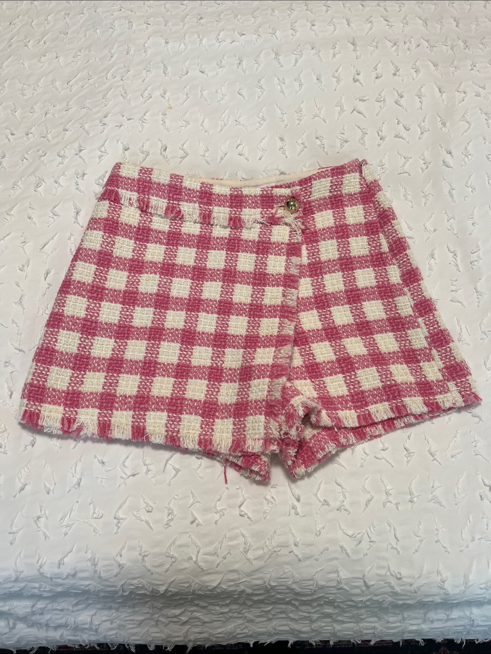 Mango Pink and White Gingham Tweed High-Waist Shorts
